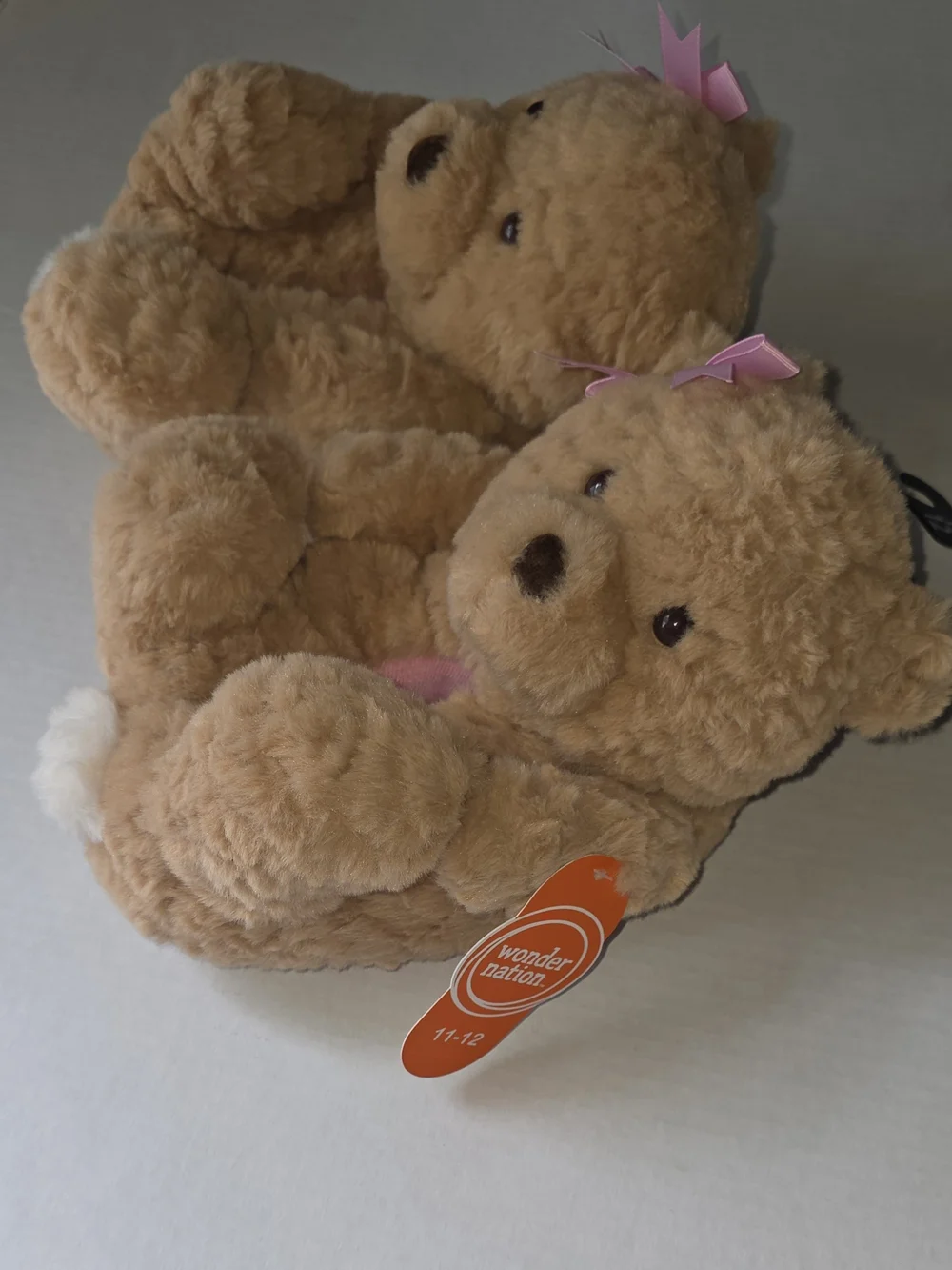 Wonder Nation Girls Plush Teddy Bear Slipper with Pink Bows